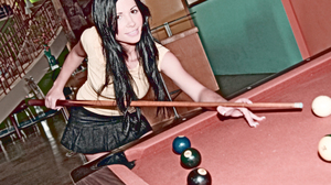 Pool Balls Pool Cue Black Shirt Black Hair Looking At Viewer 2000x1125 Wallpaper