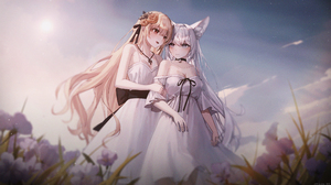 Anime Anime Girls Artwork Dress Flowers Depth Of Field Sky Clouds Choker Flower In Hair Fox Girl Fox 3840x2160 Wallpaper