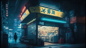 Ai Art Illustration Tokyo Japan Street Neon Food Lights 4579x2616 Wallpaper