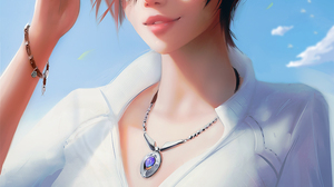 Nixri Drawing Women Final Fantasy Redhead Sunglasses Bangs Face Paint Shirt Necklace Sky 933x1323 Wallpaper