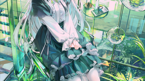 Anime Girls White Hair Green Eyes Vertical Leaves Long Hair Chair Bow Tie Blushing Smiling Plants Dr 2166x3000 Wallpaper