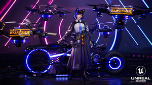 Kai Neko CGi Women Blue Hair Cyberpunk Neon Drone Purple Motorcycle Gun Short Hair Looking At Viewer 1920x1080 Wallpaper