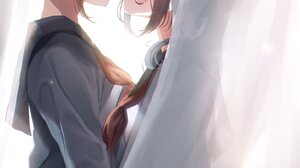 Anime Anime Girls Portrait Display Schoolgirl School Uniform Blushing Curtains Kissing Holding Hands 1449x2048 Wallpaper