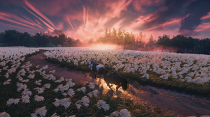 Ghost Of Tsushima Samurai Video Game Characters CGi Sunset Sunset Glow Flowers Path Clouds Sky Trees 3840x2160 Wallpaper