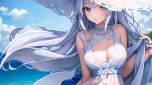 Anime Girls White Hair Blue Eyes Big Hat Long Hair Beach Windy White Dress Vertical Straw Hat Water  4096x4096 Wallpaper