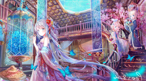 Anime Anime Girls Butterfly Cherry Blossom Long Hair Stairs Flowers Looking At Viewer Interior Petal 1920x1080 Wallpaper