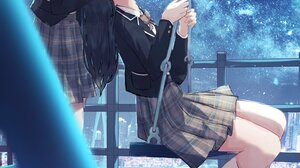 Benevole Anime Girls Two Women Swings Schoolgirl School Uniform Stars Kissing Starry Night Starred S 2444x4096 Wallpaper