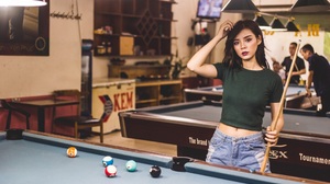 Women Model Brunette Long Hair Asian Red Lipstick T Shirt Pool Table Billiards Pool Balls Billiard B 2048x1365 Wallpaper