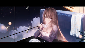 Anime Anime Girls Digital Art Artwork 2D Portrait Cup Dress Brunette Violet Hair Moemoe3345 2200x1265 Wallpaper