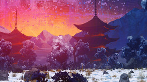 Artwork Architecture Asian Architecture Snow Trees Sunset 1600x800 Wallpaper