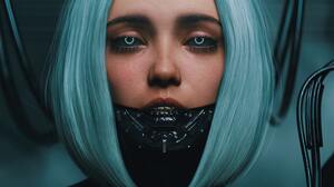 Yuga Digital Art Artwork Illustration Women Portrait Mask Cyberpunk Blue Hair 4320x5400 wallpaper