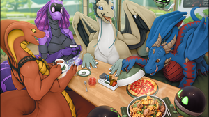 Furry Dragon Fantasy Art Pizza Food Tongue Out Blue Skin Restaurant 1500x1061 Wallpaper