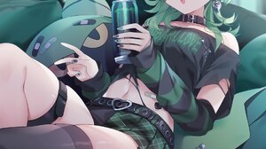 Anime Anime Girls Monster Energy Band Aid Looking At Viewer Blushing Sweatdrop Choker Green Hair Pur 1135x1603 Wallpaper