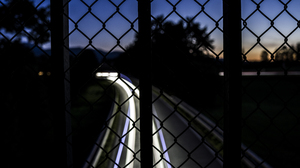 Long Exposure Night Fence Road Street Lights Dark Trees Light Trails Wide Angle 6000x3376 Wallpaper