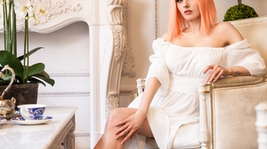 Women Model Dyed Hair Dress Bare Shoulders Women Indoors White Dress Redhead Shoulder Length Hair Ta 2333x3500 Wallpaper