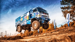 Racing Rally Truck Vehicle Dirt Jumping Blue Sky Kamaz Dutch Tilt 3350x2233 Wallpaper