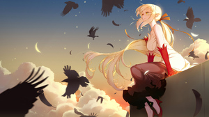 Monogatari Series Blonde Oshino Shinobu Sitting Anime Girls Long Hair Red Gloves Yellow Eyes Birds C 1920x1200 Wallpaper