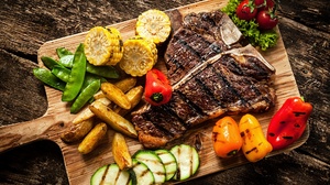 Food Fries Meat Vegetables Top View Cutting Board Cow Flesh Muscles Animals Death Corn Bell Peppers  2048x1455 Wallpaper