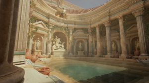 Italy Rome Roman Baths CGi Water Sunlight Architecture Statue 1920x1080 Wallpaper