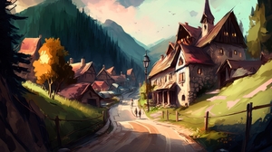 Ai Art Illustration Mountains Painting Village Path House 4579x2616 Wallpaper