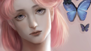 Fantasy Girl Pink Hair Butterfly Looking At Viewer Digital Art 1149x1340 Wallpaper