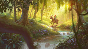 Shusei Sasaya Digital Art Fantasy Art Trees Water Sunlight Horse Horseback Flowers Leaves Animals Wa 1920x1080 Wallpaper