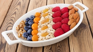 Food Still Life Wooden Surface Fruit Berries Nuts Oatmeal 5184x3456 Wallpaper