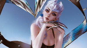 Nixeu Digital Art Artwork Illustration Evelynn League Of Legends Women Long Hair White Hair Earring  6000x3375 Wallpaper