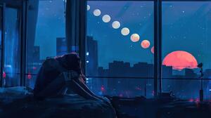 Anime Anime Girls Sitting Bed Window Moon Sky Stars Depressing Cup Building Night 3840x2160 Wallpaper