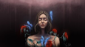 Small Alley Butterflies Butterfly Closed Eyes Closed Mouth Crying Woman Crying Roses Rose Leaves Hai 1920x1080 Wallpaper