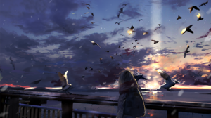 Bird Cloud Girl Original Anime Sky Sunset 2000x1378 Wallpaper
