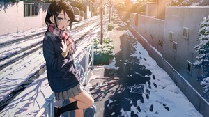 Anime Girls Kantoku Dark Hair Blue Eyes Schoolgirl School Uniform Skirt Coats Socks Scarf Looking At 3500x2206 Wallpaper