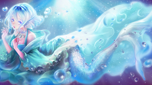 Anime Anime Girls Water Underwater Bubbles Looking At Viewer Short Hair Mermaids Blue Hair Blue Eyes 2362x1181 Wallpaper