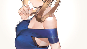 Anime Anime Girls Dress Blue Dress Brunette Bare Shoulders Blue Eyes Flower In Hair Blush White Back 900x1396 Wallpaper
