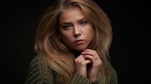 Sergey Gorshenin Women Yana Lyakhovskaya Blonde Long Hair Blue Eyes Portrait Rings Sweater Green Clo 2560x1706 Wallpaper