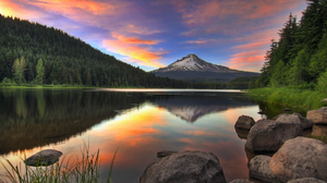 Mount Hood Trees Rocks Water Nature Mountains Clouds Reflection Sky 1920x1080 wallpaper