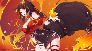 Virtual Youtuber Sinder VTuber Anime Anime Girls Fox Girl Fantasy Girl Fire Bare Shoulders Red Tops  4800x2700 Wallpaper