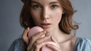 Aleksandr Kurennoi Women Hat Pink Blue Macaroons Freckles Portrait 1600x2000 Wallpaper