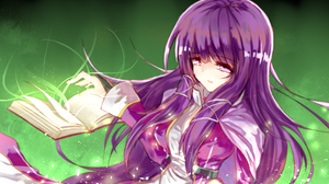 Touhou Ribbon Pixiv Purple Hair Green Background Books Long Hair Anime Girls Anime 2560x1500 Wallpaper