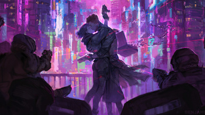 Couple Cyberpunk Futuristic Gun Kiss Man Weapon Woman 3840x1768 Wallpaper