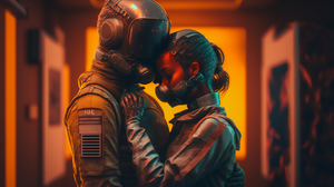 Ai Art Women Futuristic Couple Love Science Fiction Mask Helmet 3136x1792 Wallpaper