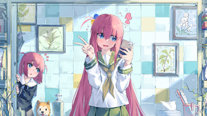 BOCCHi THE ROCK Anime Anime Girls Peace Sign Phone Selfies Schoolgirl School Uniform Pink Hair Blue  5197x2717 Wallpaper