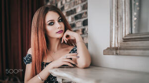 Anton Harisov Redhead Long Hair Straight Hair Makeup Looking At Viewer Eyeliner Curtains Women Lipst 2000x1125 Wallpaper
