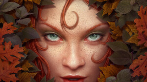 Illustration Digital Art Green Eyes Redhead Leaves Fall Kerem Beyit 1100x1652 wallpaper