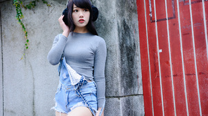 Asian Model Women Long Hair Brunette Ear Muffs Jeans Dresses Long Sleeves Leaning Wall Door Ivy Vick 2560x1706 Wallpaper