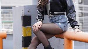 Asian Model Women Long Hair Dark Hair Nylons Ankle Boots Jean Shorts Letterman Jacket Iron Railing S 2560x3838 Wallpaper
