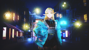 Anime Urban LuZi Blue Anime Girls Pointy Ears Zelda Street Light 1920x1080 Wallpaper