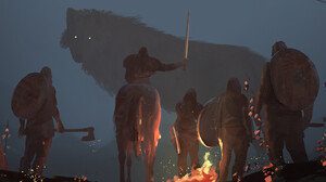 Chuy De Leon Wolf Warrior Horse Campfire Sword Shield 1920x817 Wallpaper
