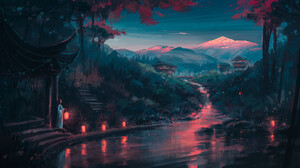 Aenami Artwork Digital Art Nature Mountains Road Water Trees Lantern Reflection Torii 1920x1080 Wallpaper
