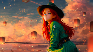 Anime Girls Artwork Redhead Turquoise Eyes Hat Looking Away Sky Lanterns Clouds Sky Long Hair Sunset 1280x1024 Wallpaper